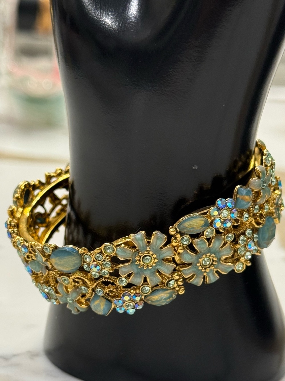 Gold-Tone Blue Floral Crystal Hinged Bangle Bracelet - Picture 1 of 6